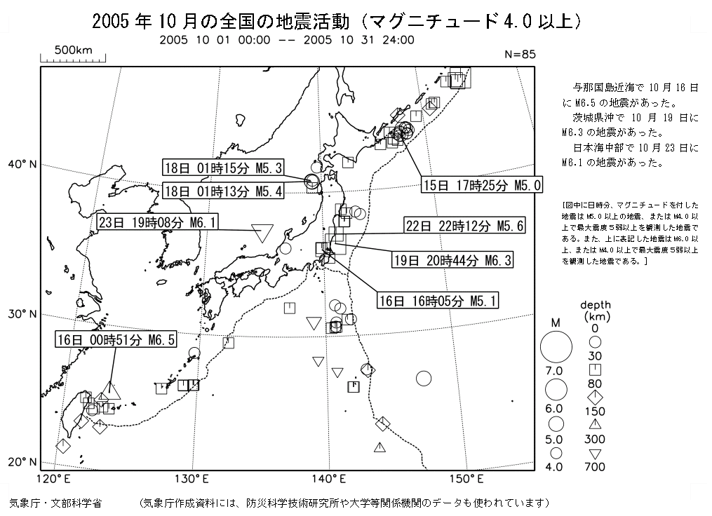 2005年10月の全国の地震活動（マグニチュード4．0以上）