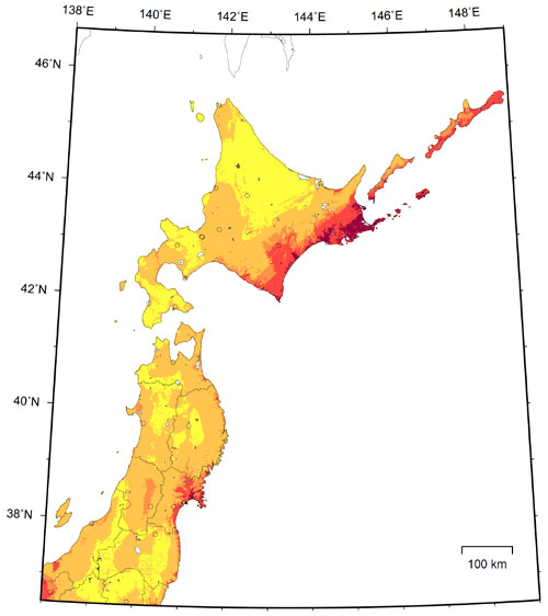図１．２−１　今後３０年以内に震度６弱以上の揺れに見舞われる確率（北日本地域、平均ケース）