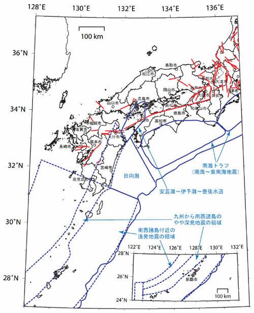 図１．２−９　西日本地域の主要活断層帯の位置と海溝型地震の領域