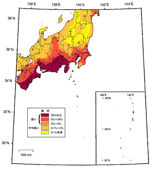 図１．２－５　今後３０年以内に震度６弱以上の揺れに見舞われる確率（中日本地域、平均ケース）