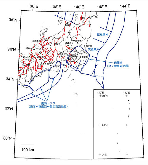 図１．２－６　中日本地域の主要活断層帯の位置と海溝型地震の領域