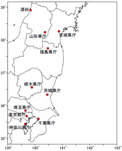 宮城県沖地震の速度応答スペクトル及び計算波形を示した地点