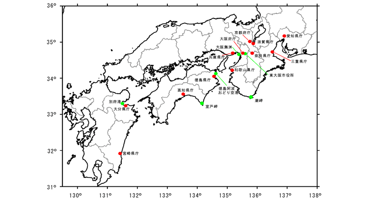 南海地震（昭和型）の速度応答スペクトル及び計算波形を示した地点