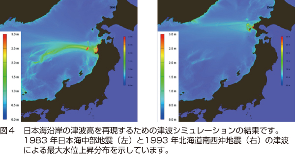 図4　日本海沿岸の津波高を再現するための津波シミュレーションの結果です。
1983年日本海中部地震（左）と1993 年北海道南西沖地震（右）の津波による最大水位上昇分布を示しています。