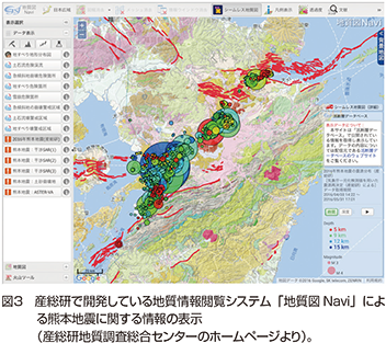 図３　産総研で開発している地質情報閲覧システム「地質図Navi」による熊本地震に関する情報の表示（産総研地質調査総合センターのホームページより）。