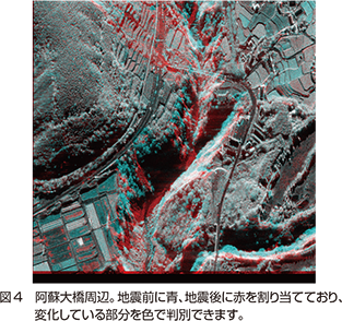 図4　阿蘇大橋周辺。地震前に青、地震後に赤を割り当てており、変化している部分を色で判別できます。