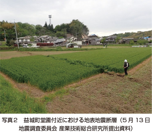 写真2 益城町堂園付近における地表地震断層（5月13日地震調査委員会産業技術総合研究所提出資料）