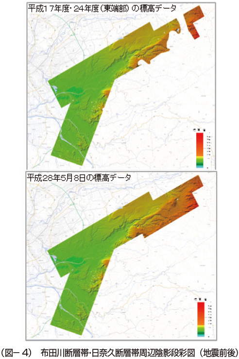 （図-4）布田川断層帯・日奈久断層帯周辺陰影段彩図（地震前後）