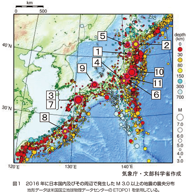 図1 2016年に日本国内及びその周辺で発生したM3.0以上の地震の震央分布
