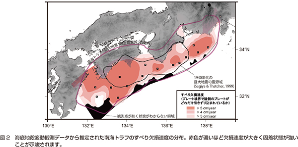 図2 海底地殻変動観測データから推定された南海トラフのすべり欠損速度の分布。赤色が濃いほど欠損速度が大きく固着状態が強いことが示唆されます。