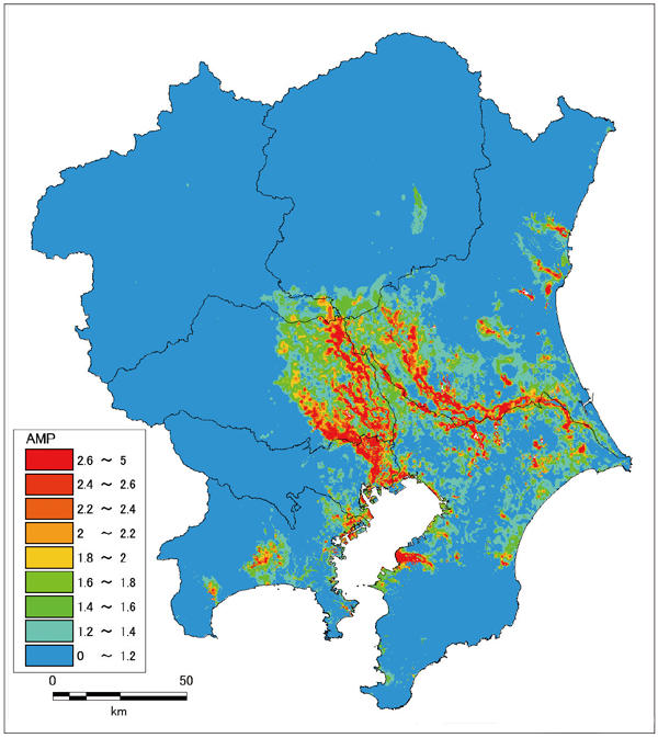 関東地域全域で作成した「浅部・深部統合地盤モデル」に基づく工学的基盤(Vs=400m/s) からの周期１秒の応答増幅倍率（一次元重複反射法による暫定結果）