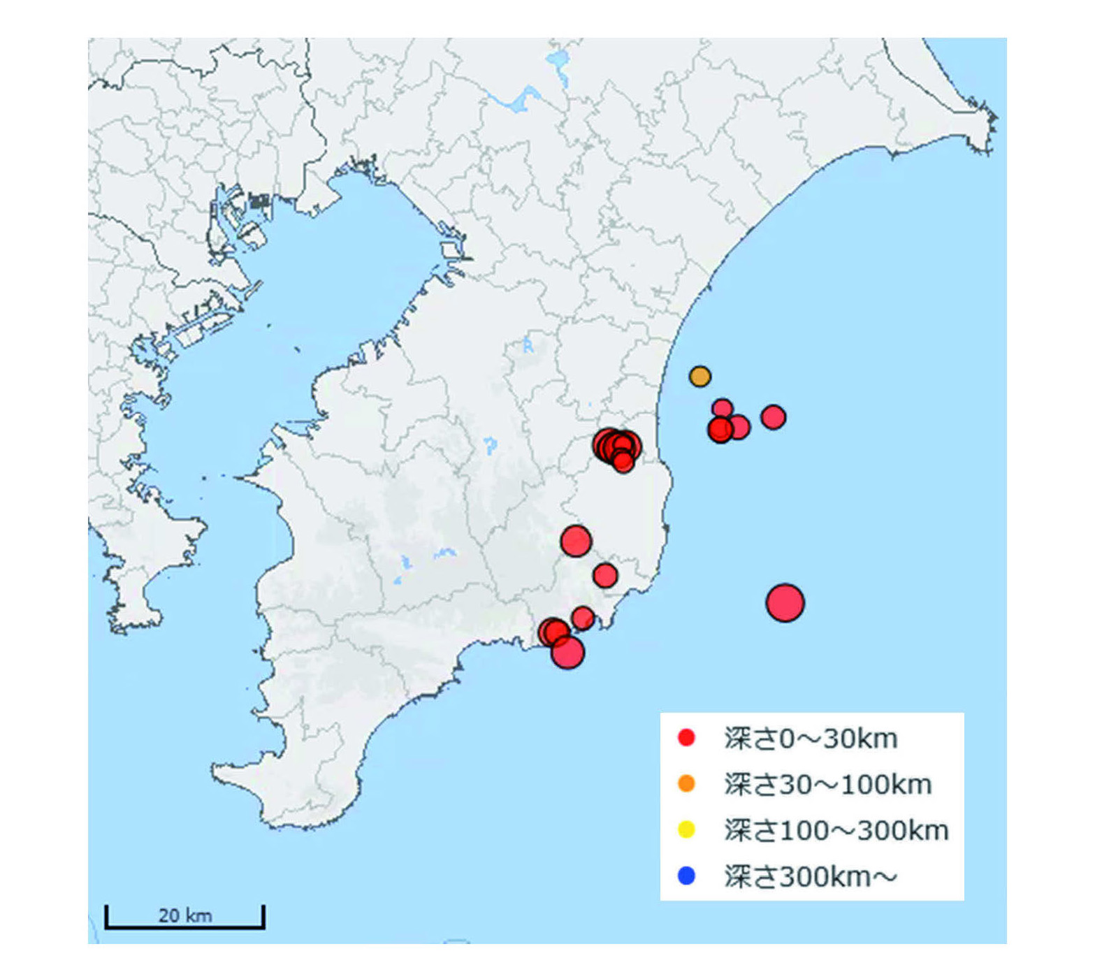 図1　6月の房総半島沖周辺の地震の震源分布（震度1以上が観測された地震）