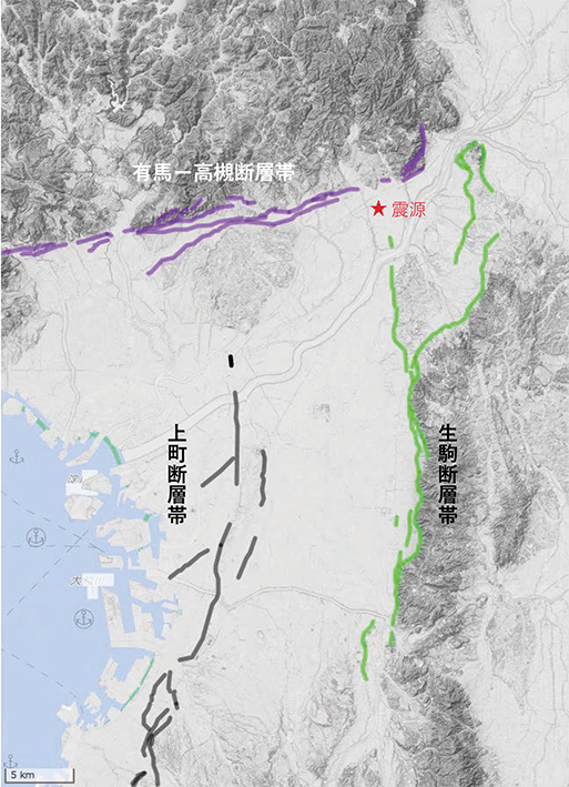 図1　震源周辺の主要活断層帯（地理院地図及び都市圏活断層図を基に作成）