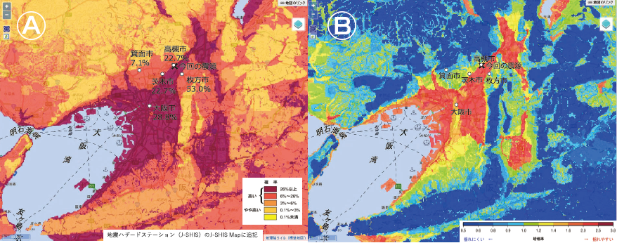 写真3　（A）大阪府周辺の震度6 弱が観測された地点の今後30 年間で震度6弱以上の揺れに見舞われる確率と（B）表層地盤の揺れやすさ（速度増幅率）