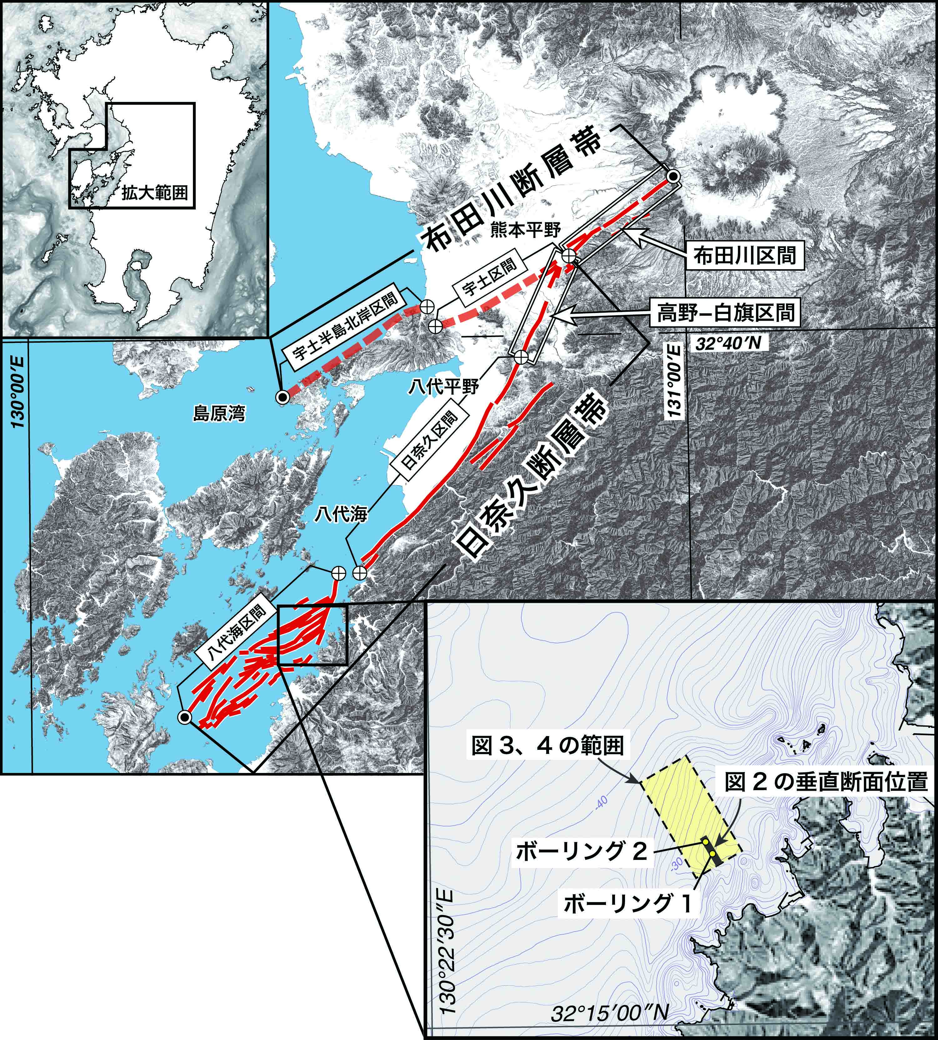 図1　布田川断層帯・日奈久断層帯および調査海域の位置図地震調査研究推進本部の評価にもとづく活断層の位置を赤線で示しました（破線は重力異常等によって推定された断層）。右下図の破線で囲まれた黄色で示した海域で調査を実施しました。