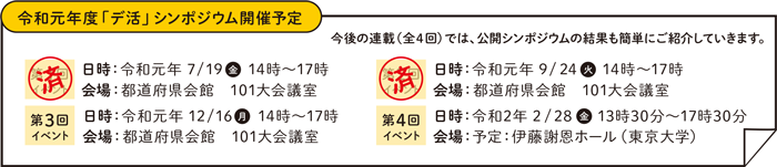 令和元年度「デ活」シンポジウム開催予定 今後の連載（全4回）では、公開シンポジウムの結果も簡単にご紹介していきます。 第1回イベント（済）日時：令和元年7/19（金）14時～17時 会場：都道府県会館 101大会議室 第2回イベント（済）日時：令和元年9/24(火)14時～17時 会場：都道府県会館 第3回イベント日時：令和元年12/16(月)14時～17時 会場：都道府県会館 第4回イベント 日時：令和2年2/28(金)13時30分～17時30分 会場：予定：伊藤謝恩ホール（東京大学）