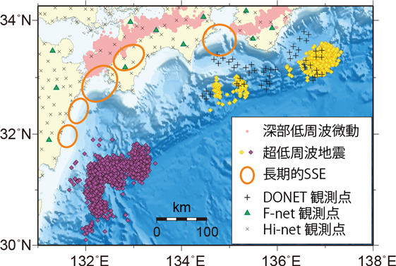 黄菱形および紫菱形はそれぞれ、紀伊半島沖から紀伊水道沖における超低周波地震および日向灘における超低周波地震