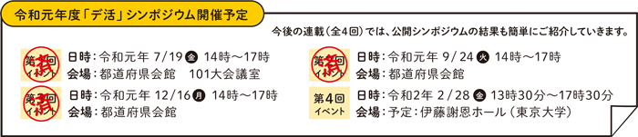 令和元年度「デ活」シンポジウム開催予定 今後の連載（全4回）では、公開シンポジウムの結果も簡単にご紹介していきます。 第1回イベント（済）日時：令和元年7/19（金）14時～17時 会場：都道府県会館 101大会議室 第2回イベント（済）日時：令和元年9/24（火）14時～17時 会場：都道府県会館 第3回イベント（済）日時：令和元年12/16（月）14時～17時 会場：都道府県会館 第4回イベント 日時：令和2年2/28（金）13時30分～17時30分 会場：予定：伊藤謝恩ホール（東京大学）