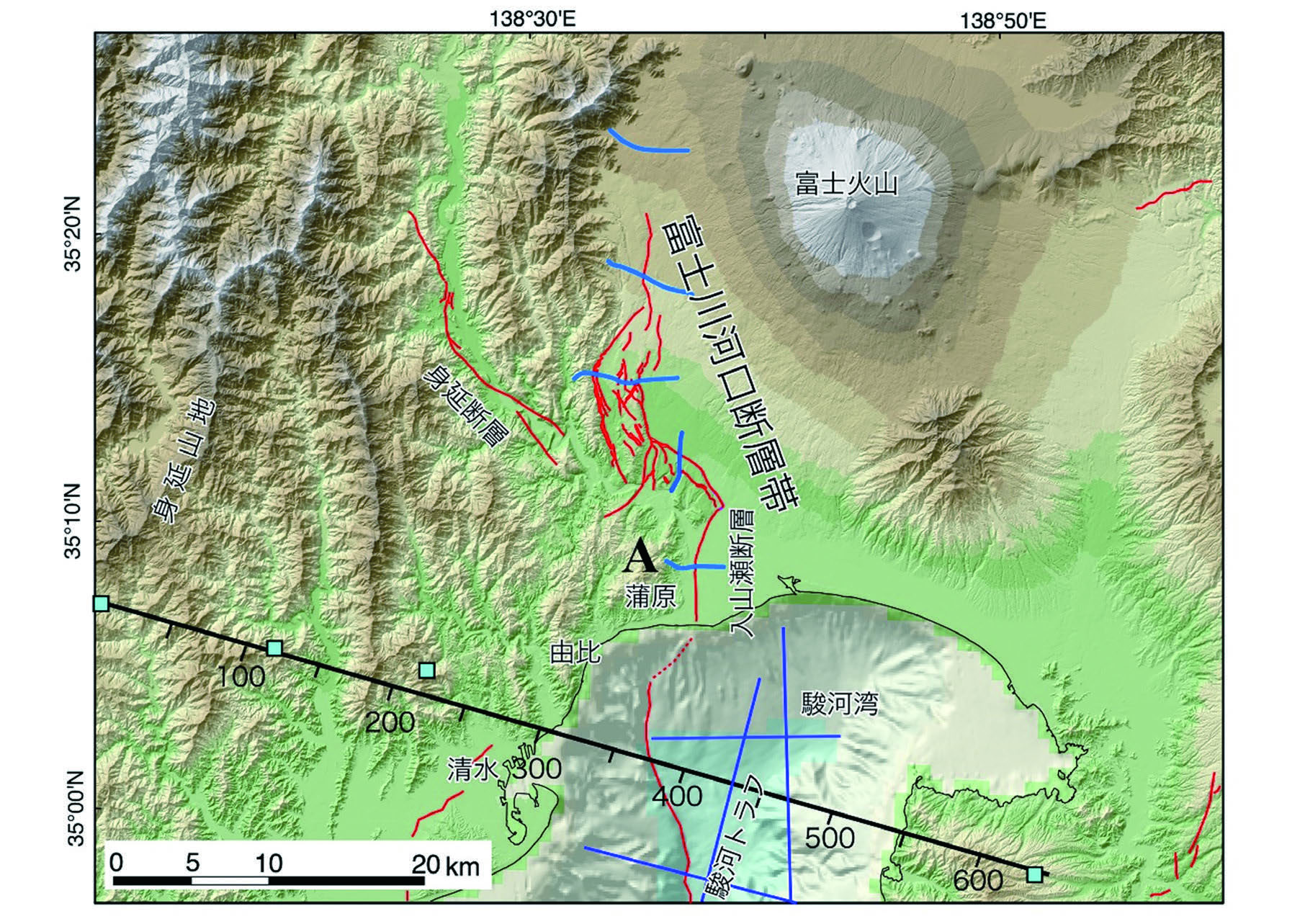 図1 富士川河口断層帯周辺の活断層と反射法地震探査測線