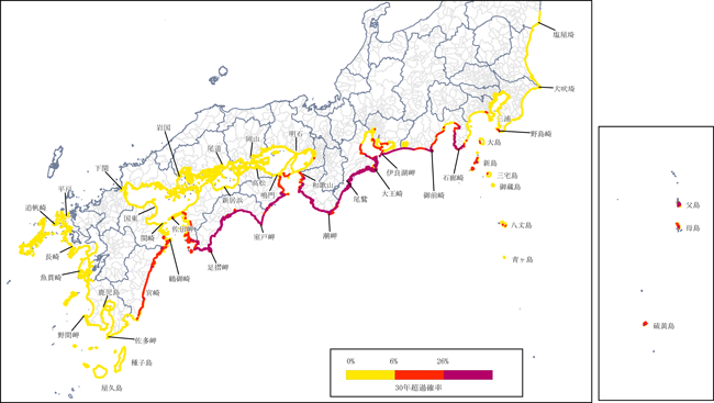 図３ 今後30年以内に南海トラフ沿いで大地震が発生し、海岸の津波高が３ｍ以上になる超過確率（2020年１月１日時点）