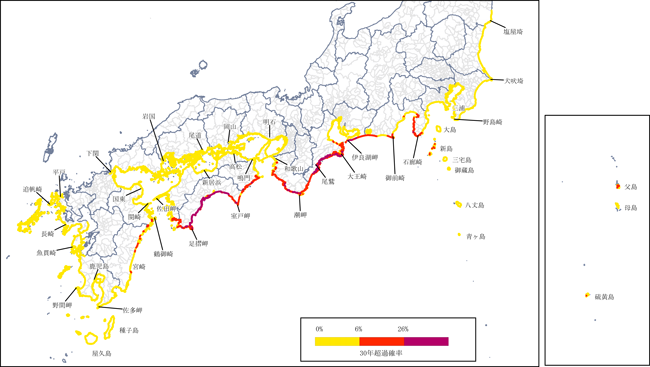 図４ 今後30年以内に南海トラフ沿いで大地震が発生し、海岸の津波高が５ｍ以上になる超過確率（2020年１月１日時点）