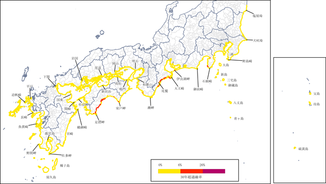 図５ 今後30年以内に南海トラフ沿いで大地震が発生し、海岸の津波高が10ｍ以上になる超過確率（2020年１月１日時点）