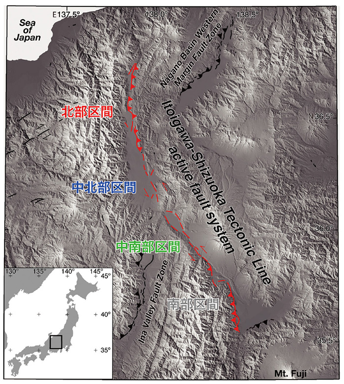 図１　本事業で対象とした糸魚川―静岡構造線断層帯の活動区間（北部〜中南部区間）