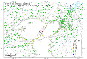 2013年4月13日　淡路島付近の地震の震度分布（震央周辺拡大）