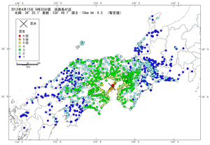 2013年4月13日　淡路島付近の地震の震度分布