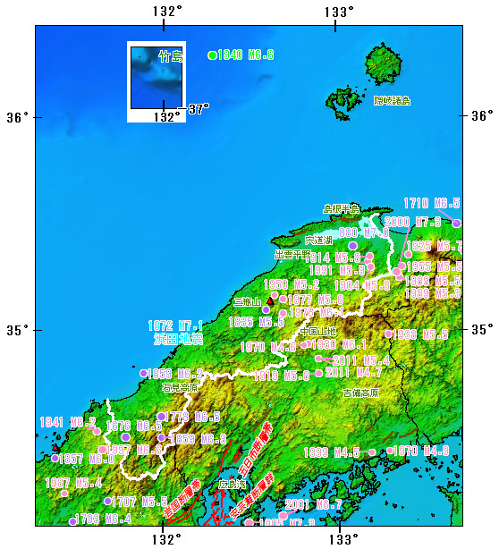 島根県とその周辺の主な被害地震