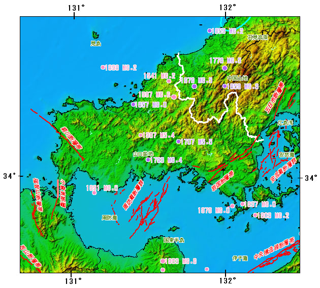 山口県とその周辺の主な被害地震