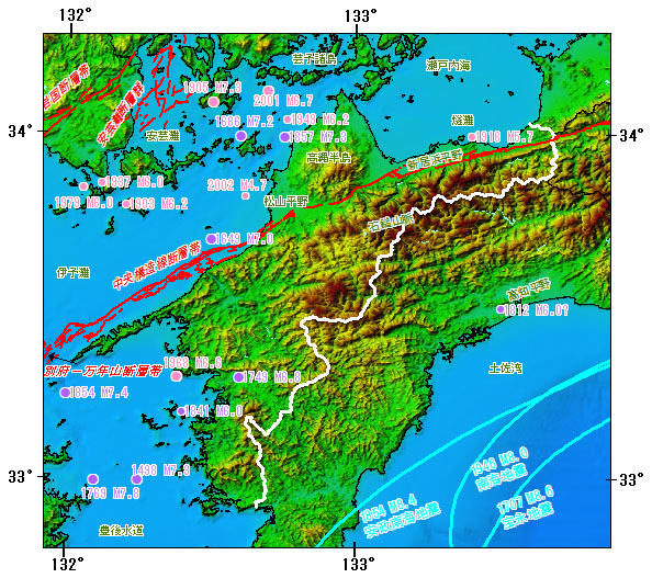 愛媛県とその周辺の主な被害地震