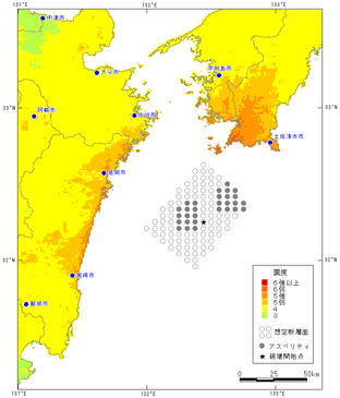 日向灘の地震（１９６８年日向灘地震）の予測震度分布図（詳細法）