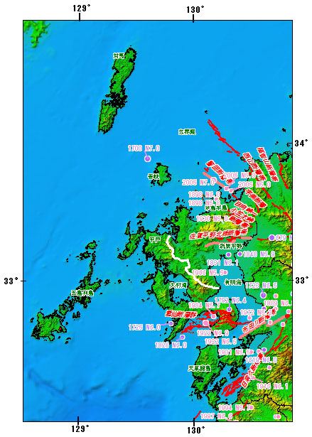 長崎県とその周辺の主な被害地震