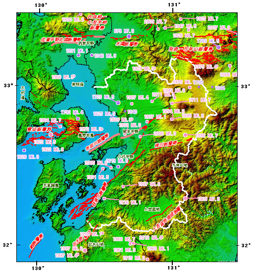 熊本県とその周辺の主な被害地震