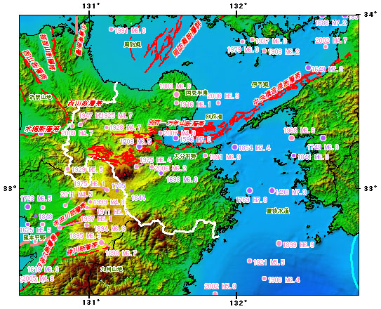 大分県とその周辺の主な被害地震